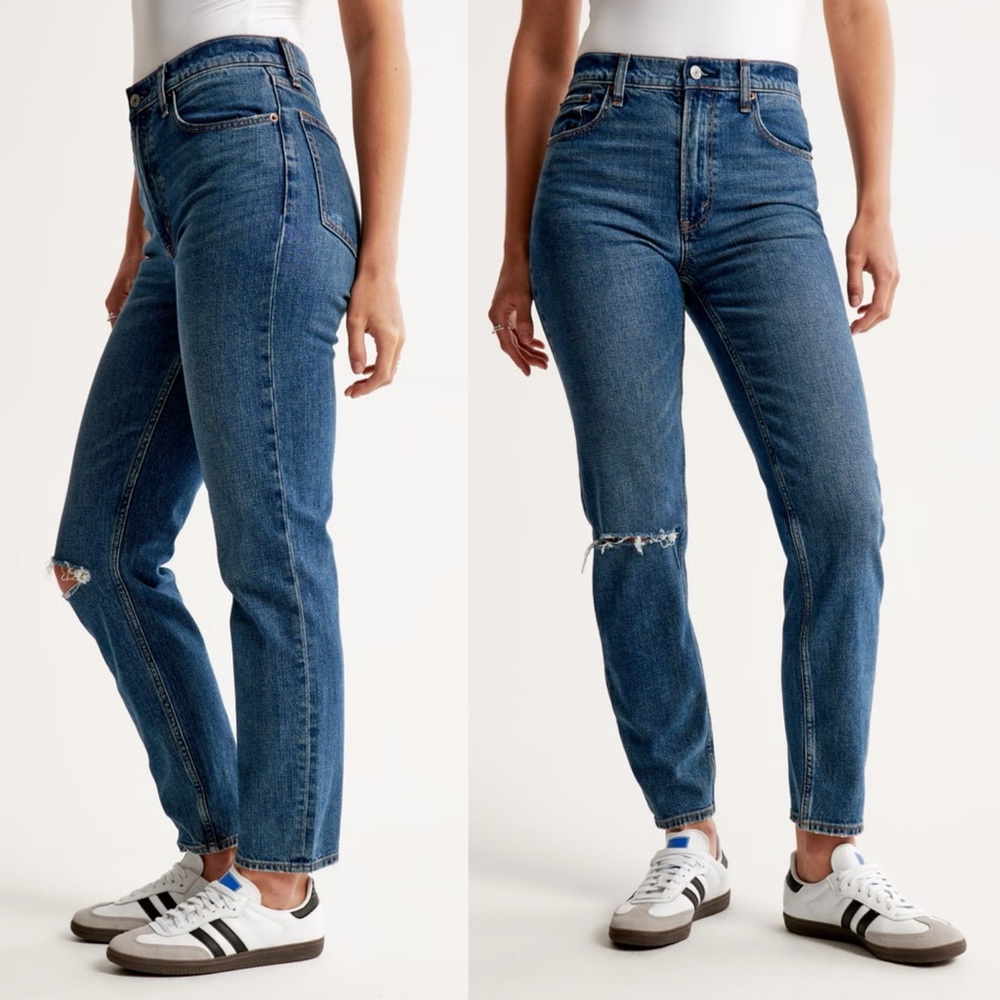 ABERCROMBIE & FITCH High Rise Mom Jeans Distressed Medium Wash Blue Size 27L